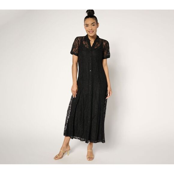 Susan Graver Women's Petite Dress PL Stretch Lace Button Front Black A687845 - Picture 1 of 4